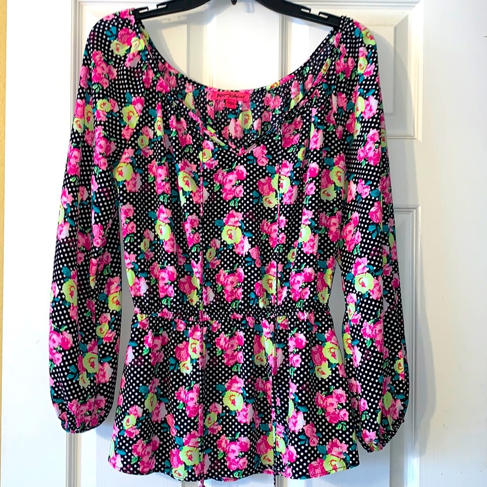 Betsey Johnson Black & Pink Floral Polka Dot Blouse